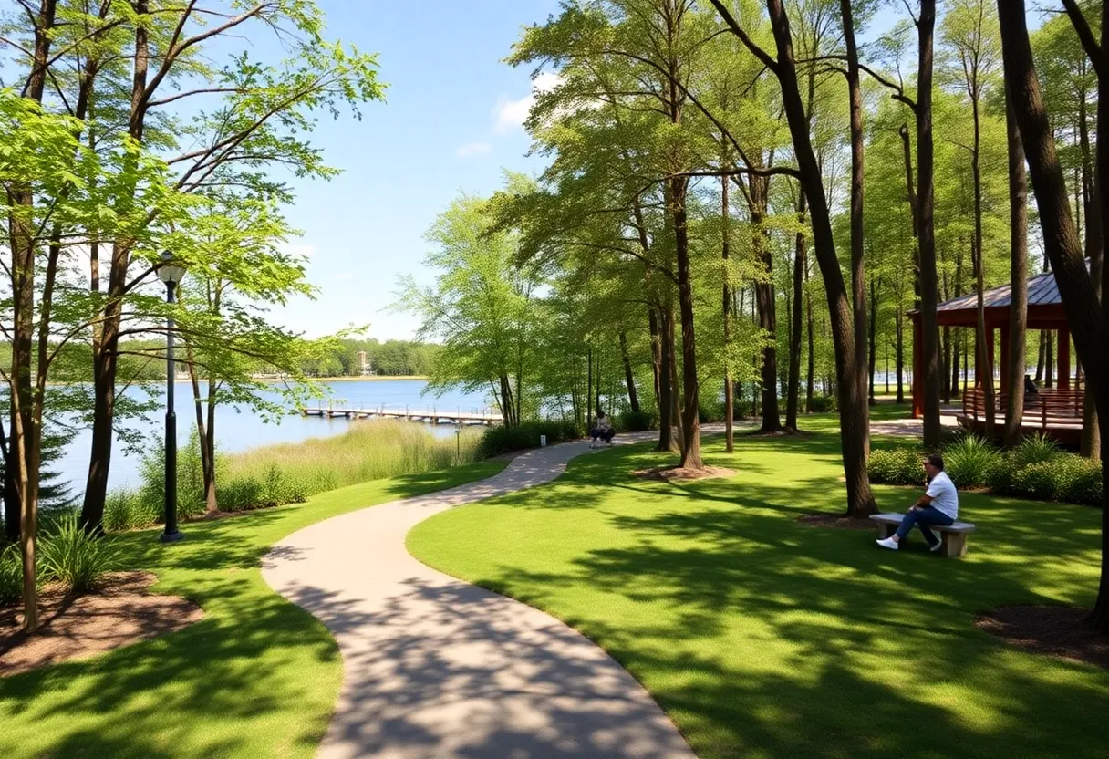 View of the new park on Johns Island featuring wooded areas and waterfront access.
