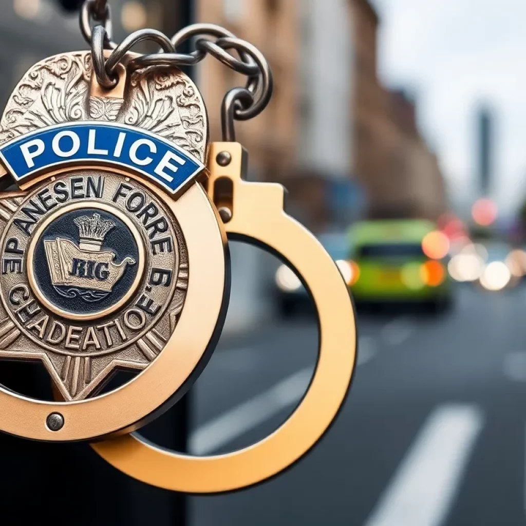 Police badge and handcuffs representing law enforcement concerns.