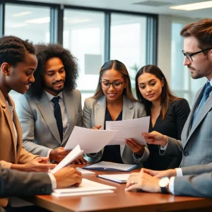 A group of personal injury lawyers discussing cases in their office.