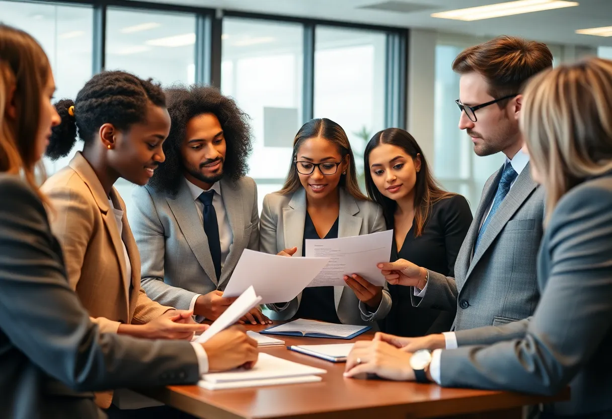 A group of personal injury lawyers discussing cases in their office.
