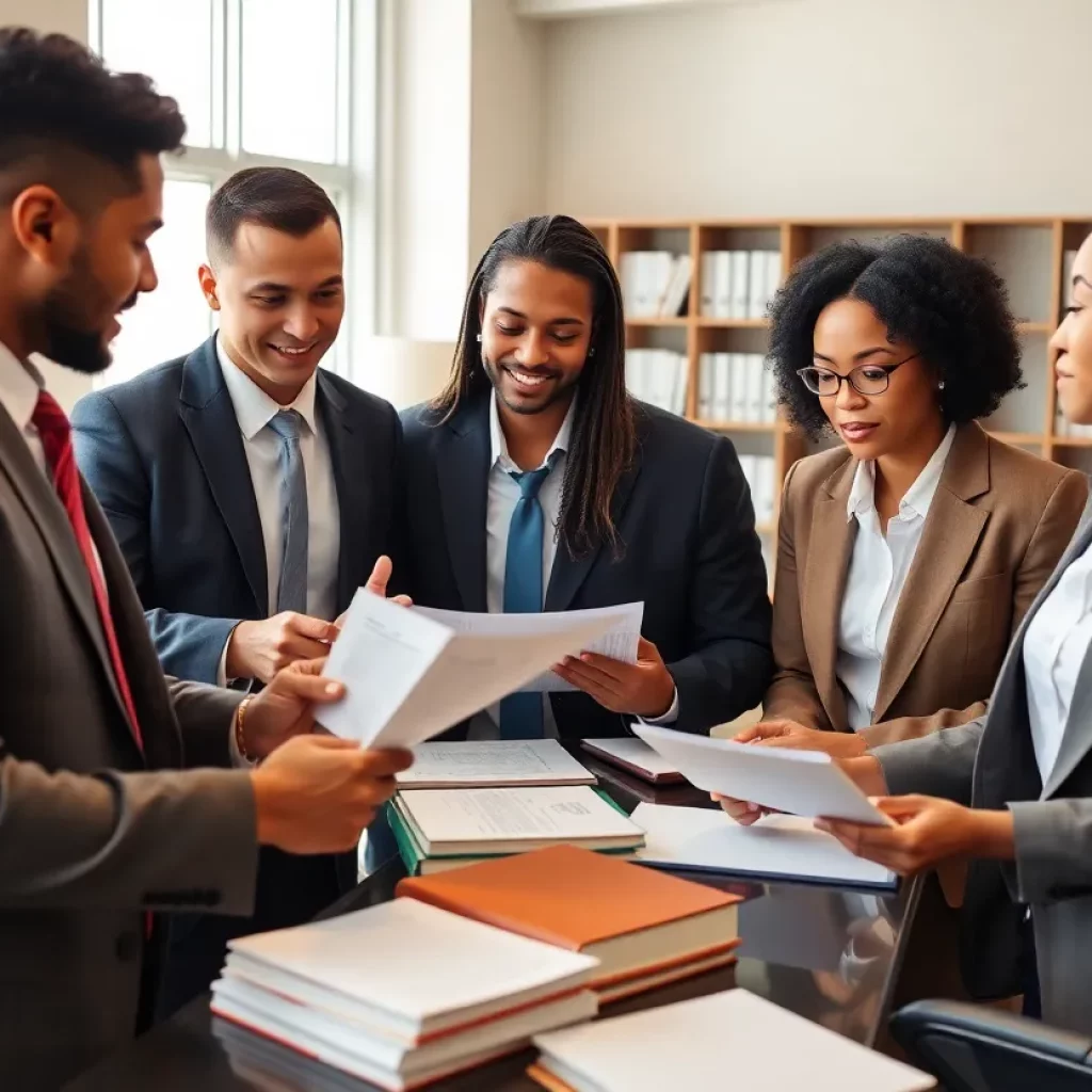 Group of lawyers collaborating in a modern office environment