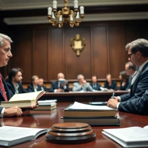 Group of lawyers discussing a case in a courtroom.