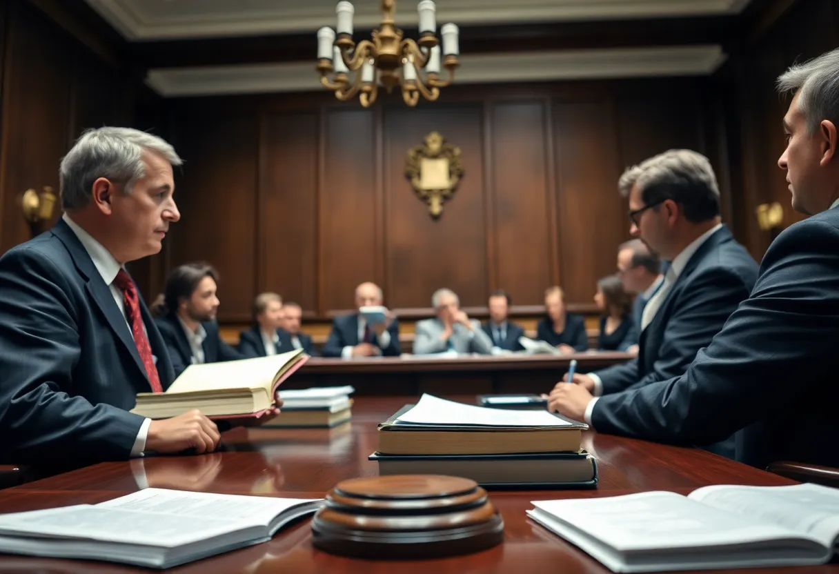 Group of lawyers discussing a case in a courtroom.