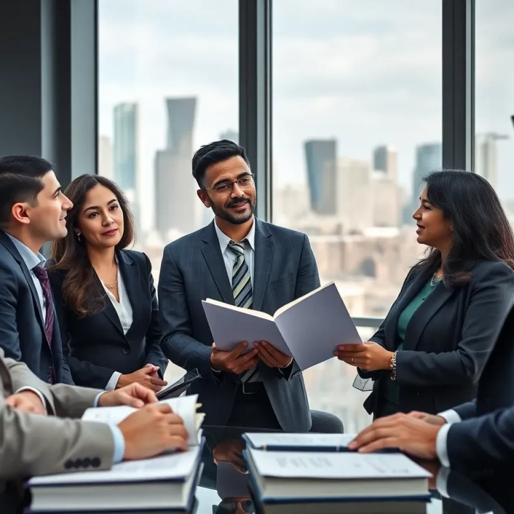 Diverse group of lawyers engaged in a serious discussion in a legal office