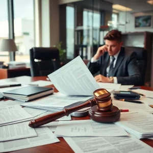 Tense corporate environment with legal documents representing a lawsuit.