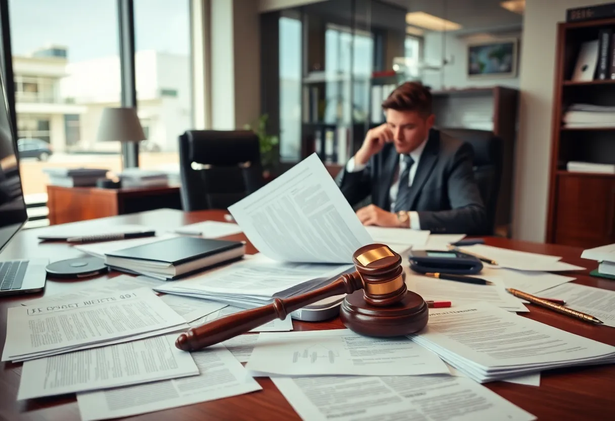 Tense corporate environment with legal documents representing a lawsuit.