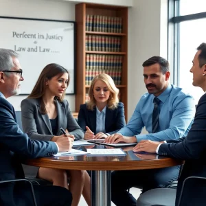 A legal team discussing personal injury cases in a professional office space.