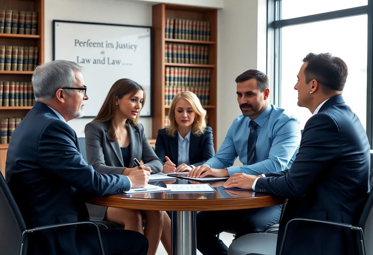 A legal team discussing personal injury cases in a professional office space.