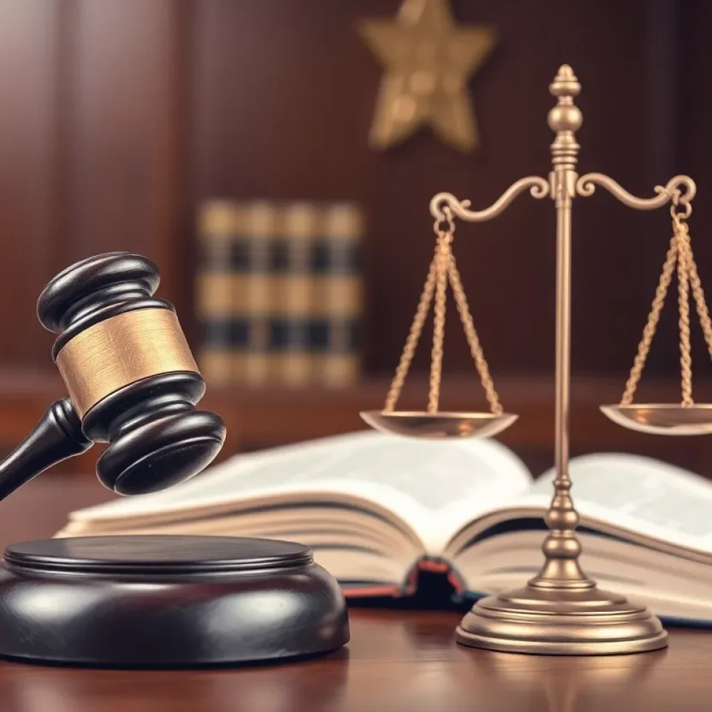 A courtroom scene with a gavel and law books symbolizing legal justice.