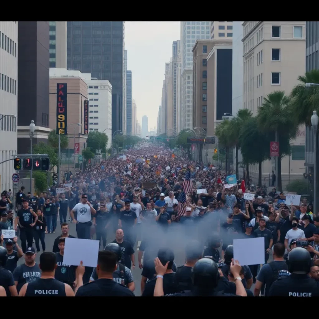 Demonstrators and law enforcement in Los Angeles during protests