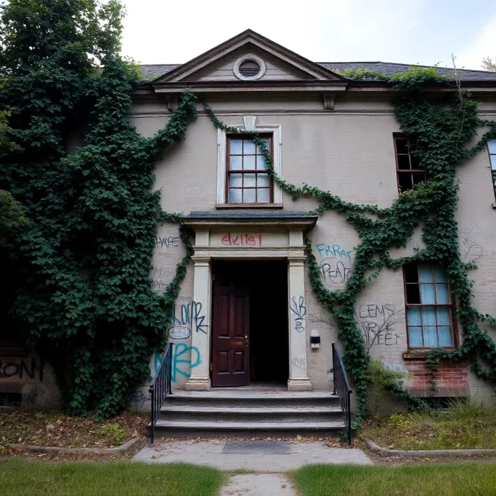 Exterior view of Marion S. Hanckel Kindergarten with vines and graffiti