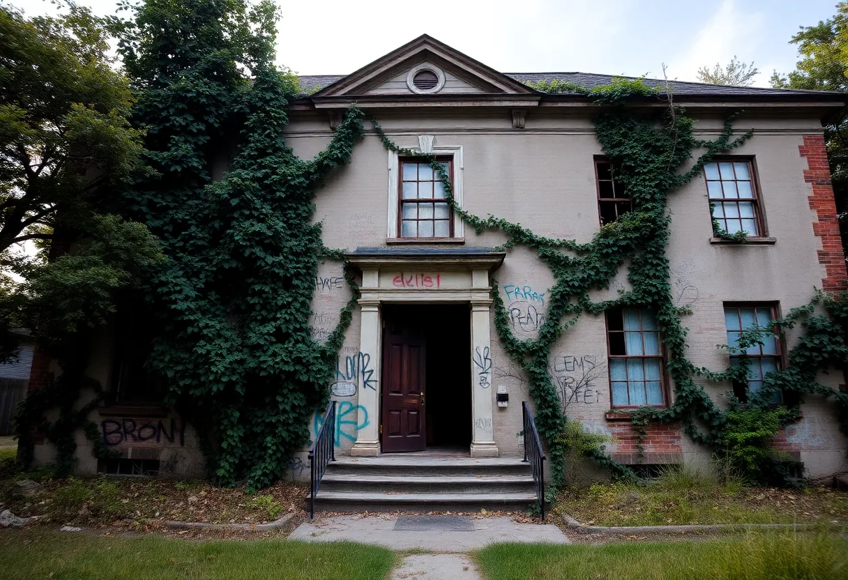 Exterior view of Marion S. Hanckel Kindergarten with vines and graffiti