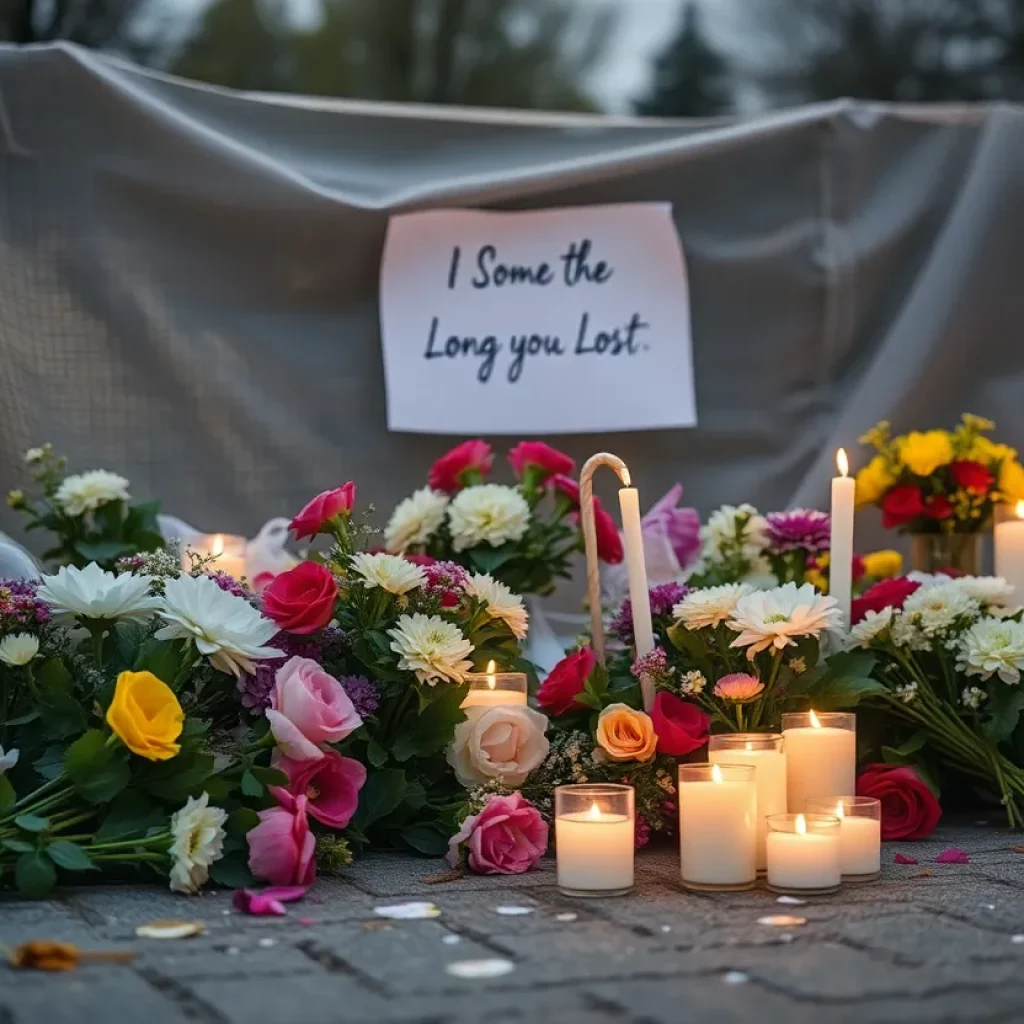 A serene memorial with flowers and candles commemorating Martha Ann Dicks.
