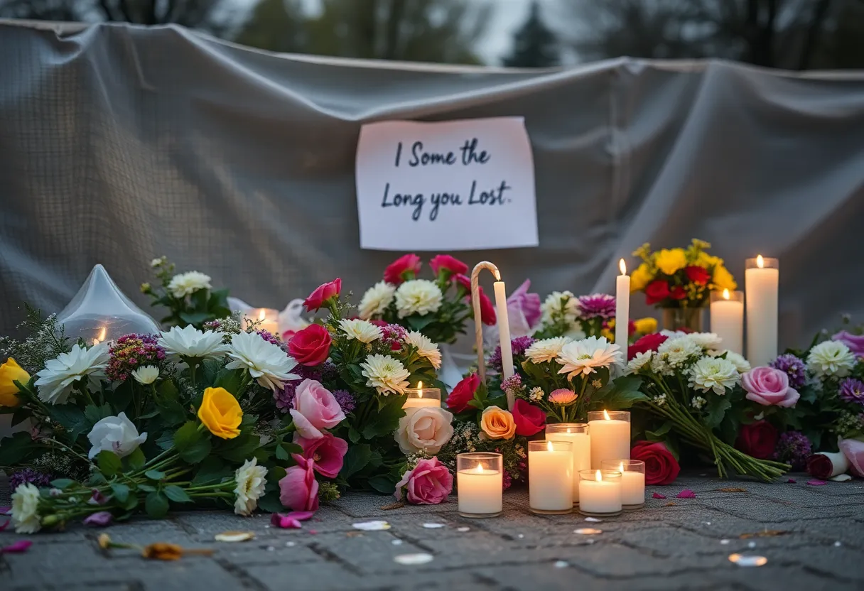 A serene memorial with flowers and candles commemorating Martha Ann Dicks.