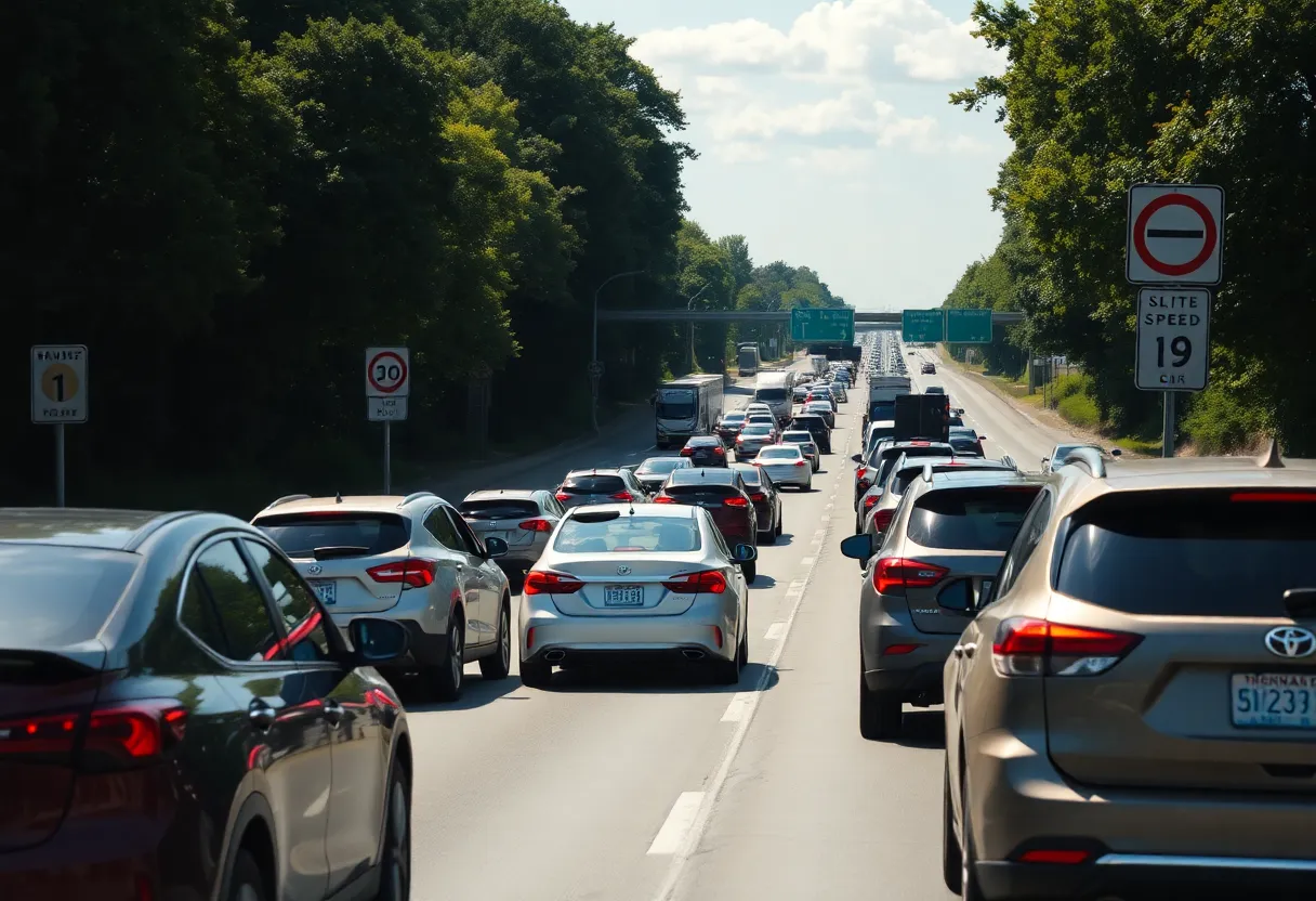 Traffic congestion on Maybank Highway with vehicles and trees