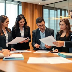 Lawyers collaborating in a modern office setting