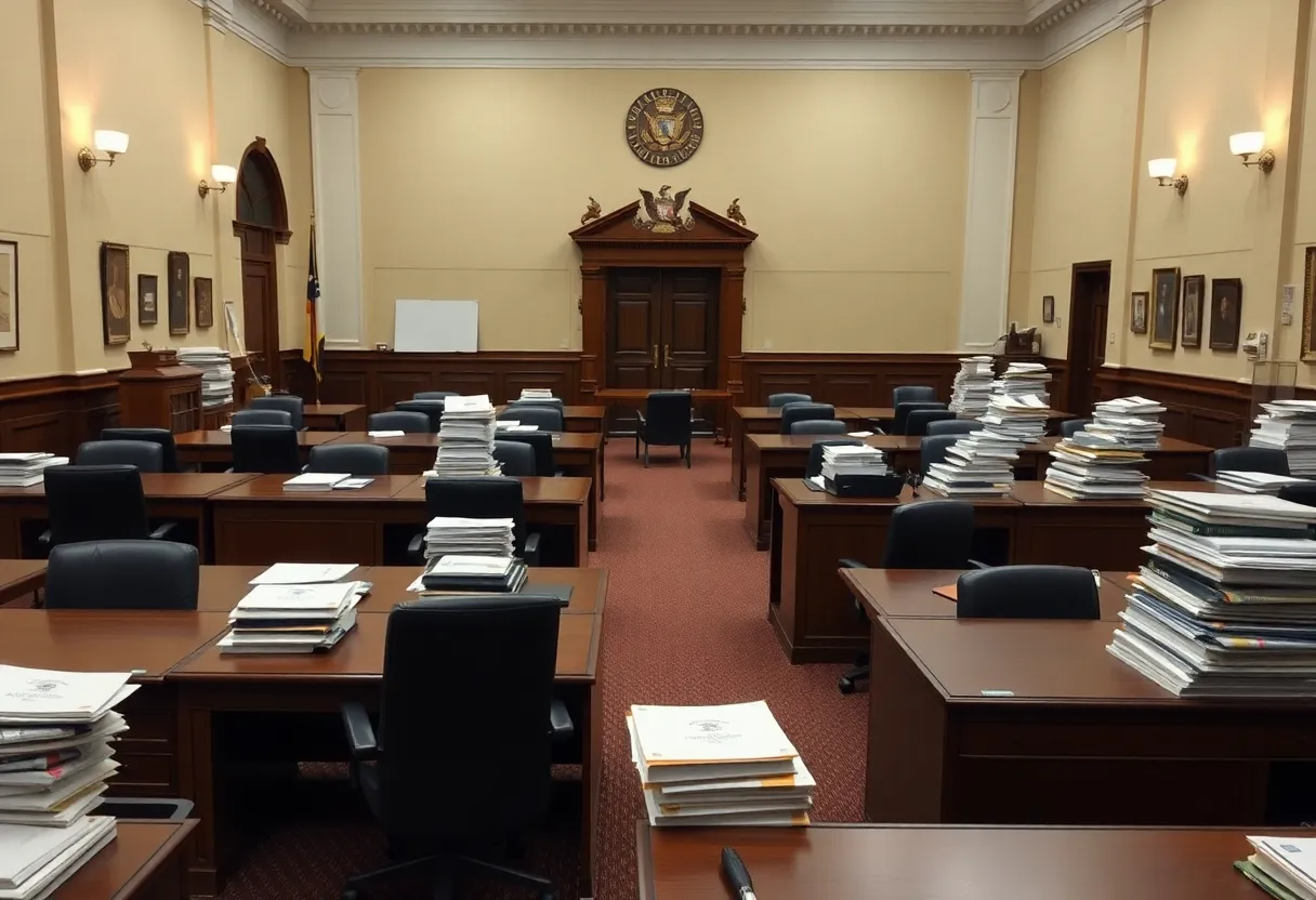 Overview of challenges in the District Attorney's office with empty desks and piled files