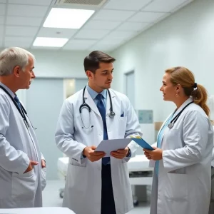Doctors discussing patient care in a hospital environment