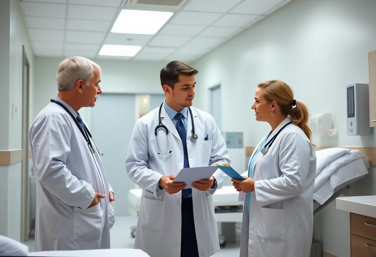 Doctors discussing patient care in a hospital environment