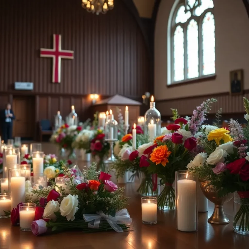 Community members attending a memorial service with flowers and candles