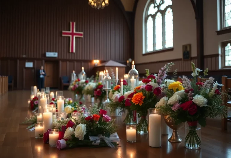 Community members attending a memorial service with flowers and candles