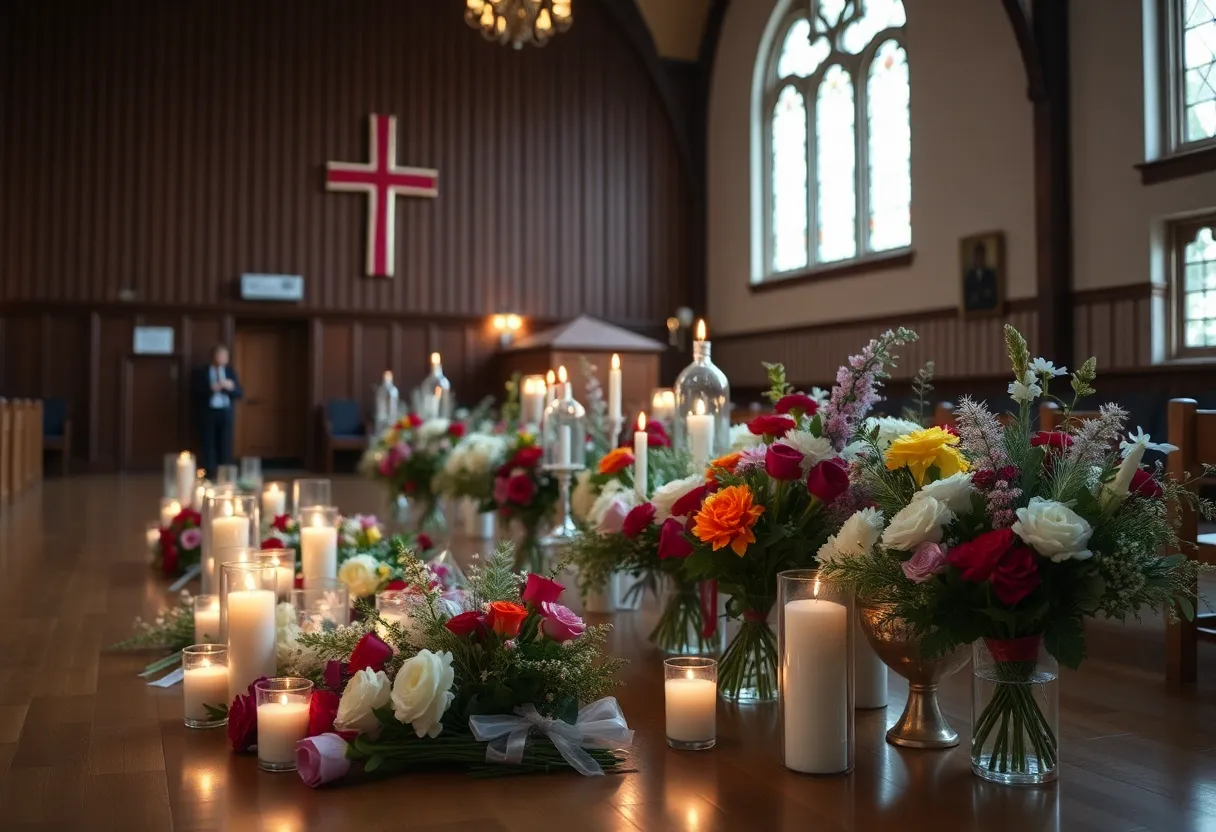 Community members attending a memorial service with flowers and candles