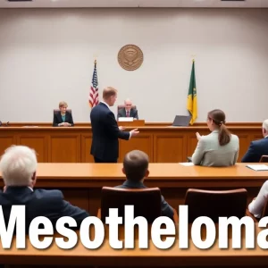 Lawyers discussing mesothelioma claims in a courtroom