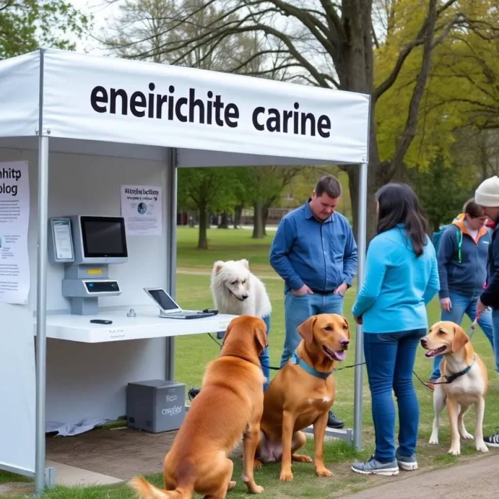 Microchip scanning station for lost pets in a park
