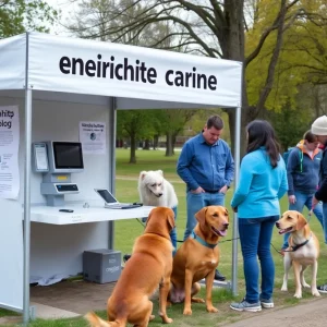Microchip scanning station for lost pets in a park