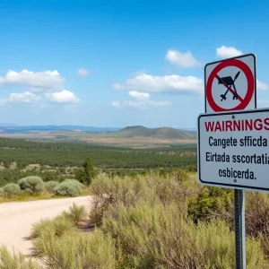 Landscape of a military buffer zone with warning signs