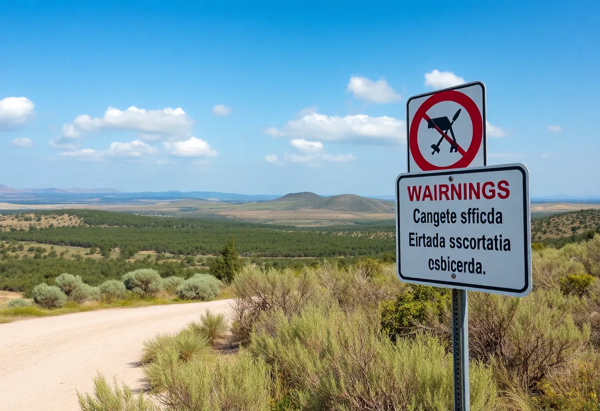 Landscape of a military buffer zone with warning signs