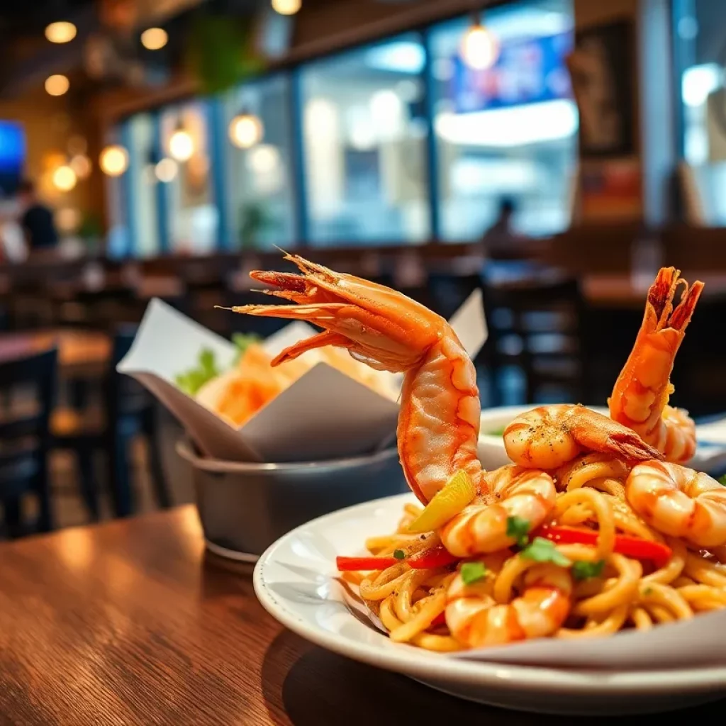 A plate of shrimp in a restaurant setting showcasing potential mislabeling issues.