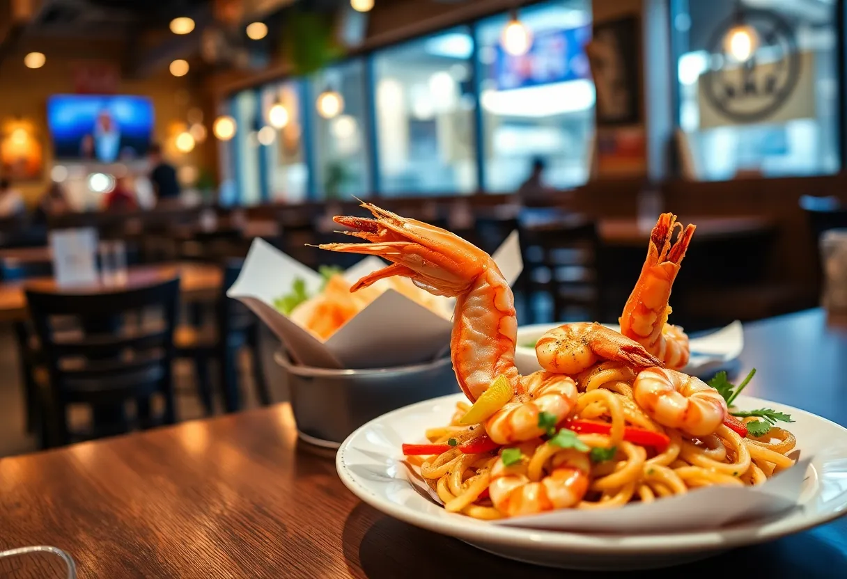 A plate of shrimp in a restaurant setting showcasing potential mislabeling issues.