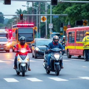 Emergency responders at the scene of a moped collision