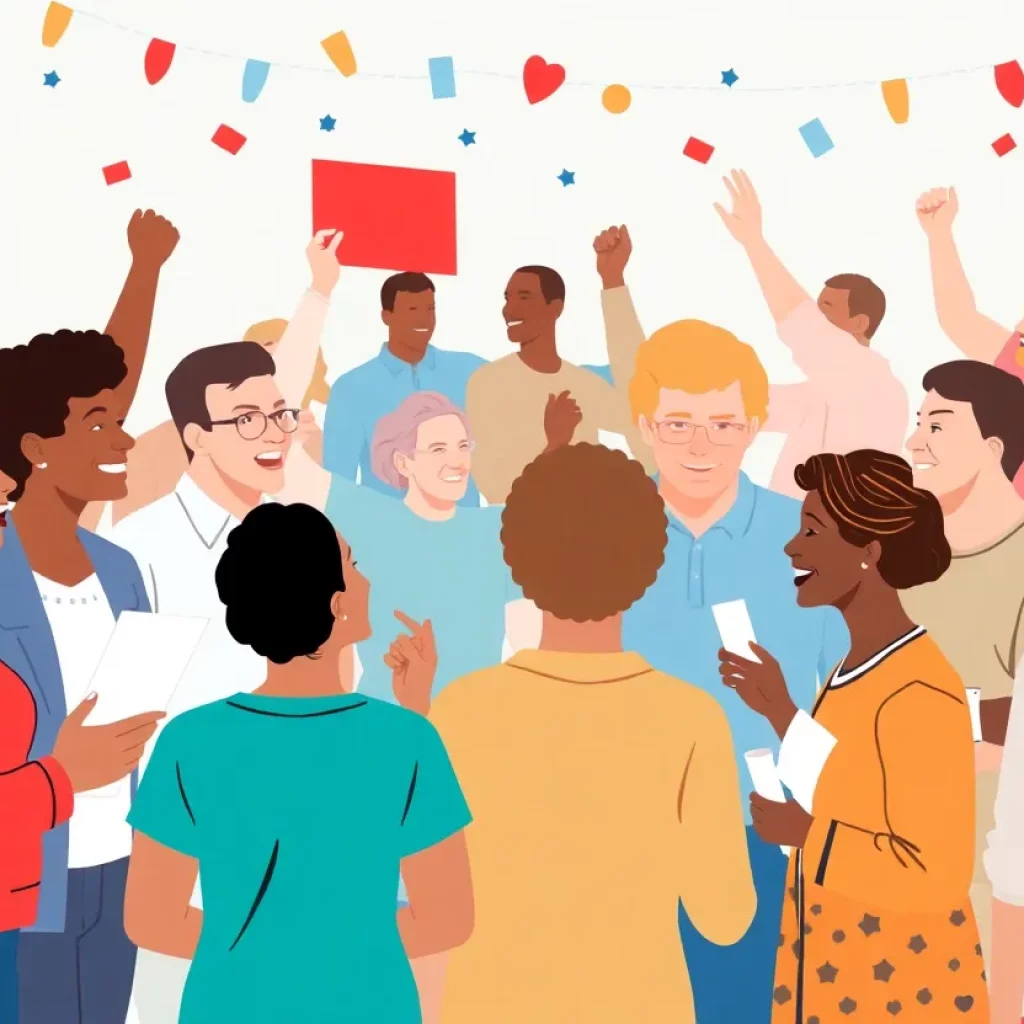 Community members celebrating election results and democratic engagement