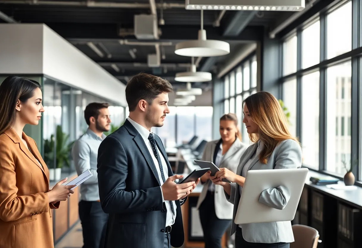 Legal professionals collaborating in a modern office setting
