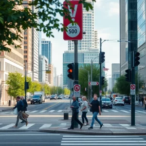 Busy urban street with pedestrians crossing at a marked crosswalk in Norfolk