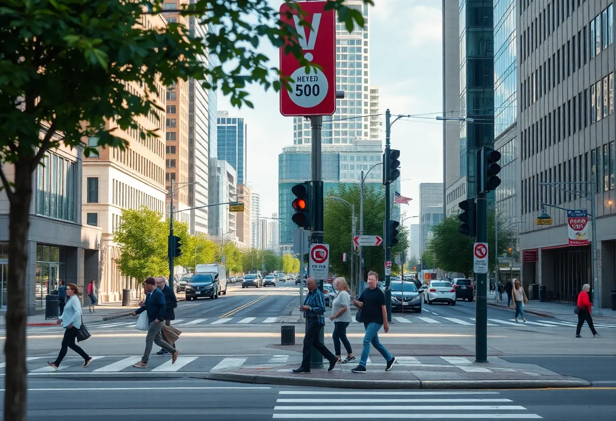 Busy urban street with pedestrians crossing at a marked crosswalk in Norfolk