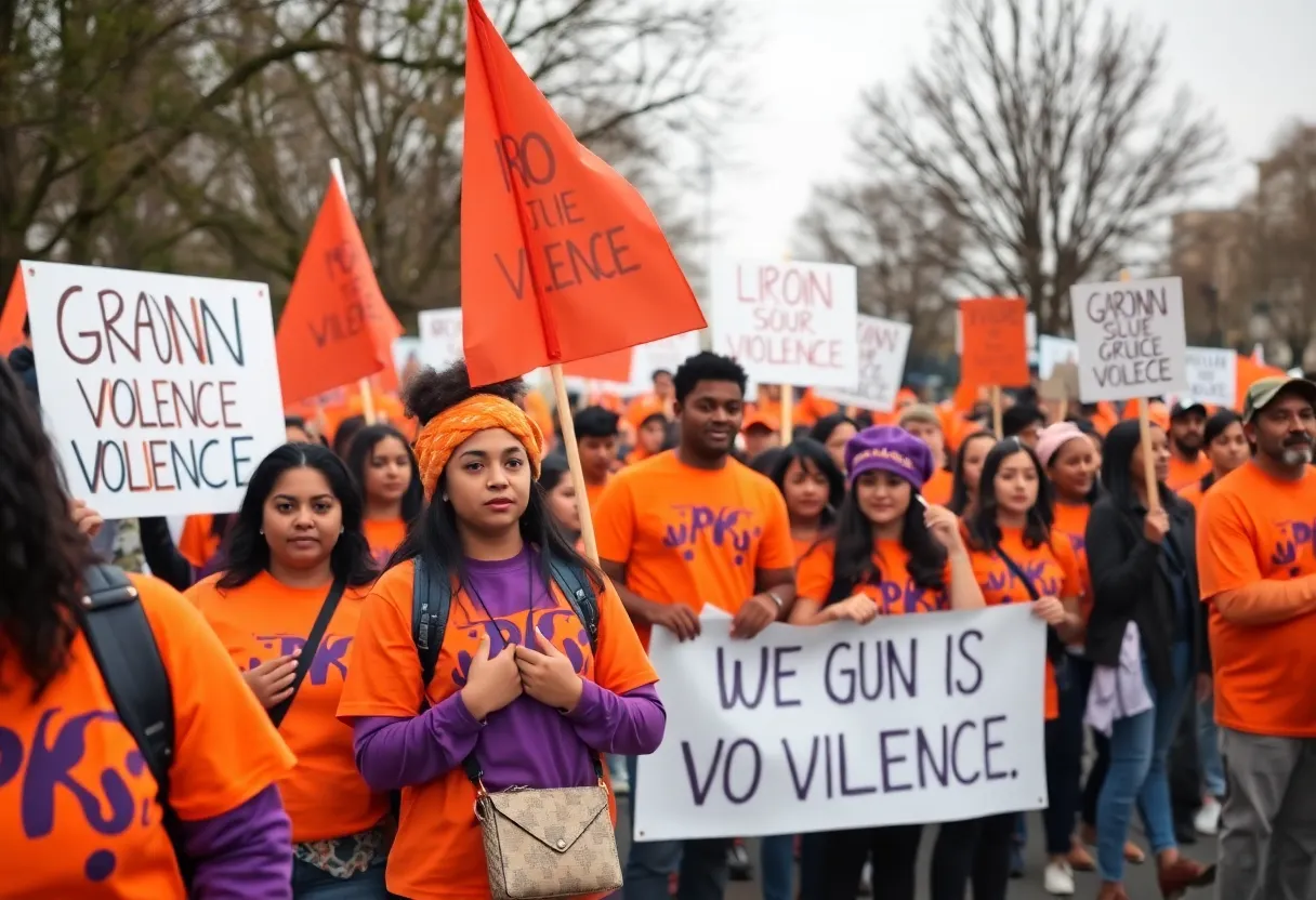 Community members wearing orange and purple for gun violence awareness