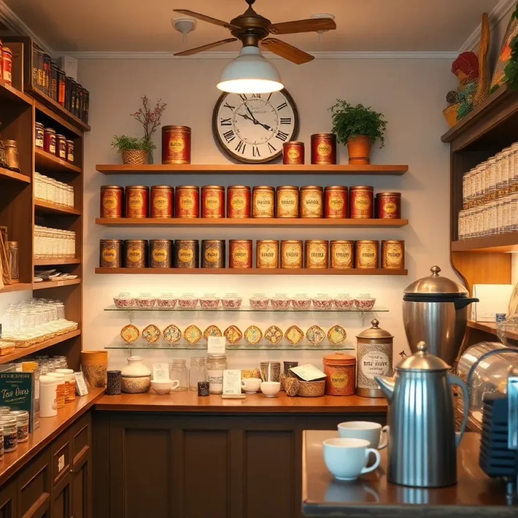 Interior view of Oliver Pluff and Co. tea shop with tea blends and historical tins