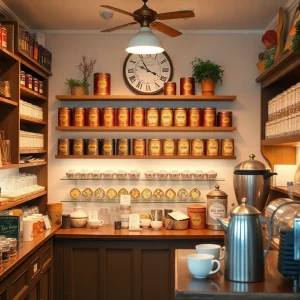 Interior view of Oliver Pluff and Co. tea shop with tea blends and historical tins