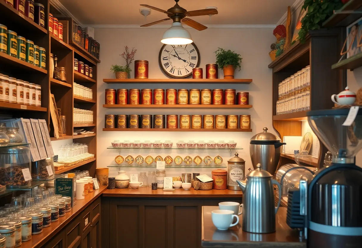 Interior view of Oliver Pluff and Co. tea shop with tea blends and historical tins