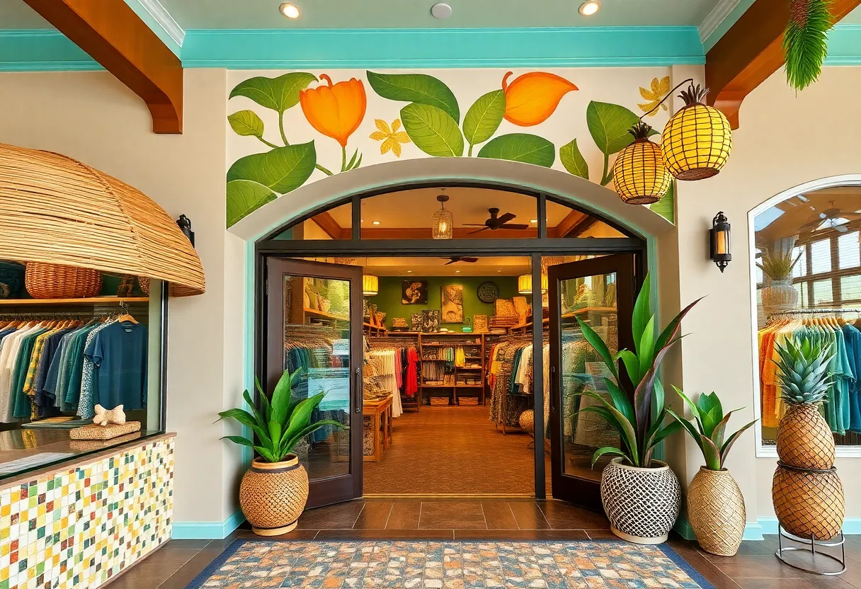 Interior design of OluKai's new retail store in Charleston showcasing Hawaiian and Southern culture.