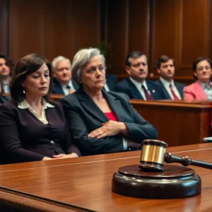 Courtroom scene depicting trial verdict.