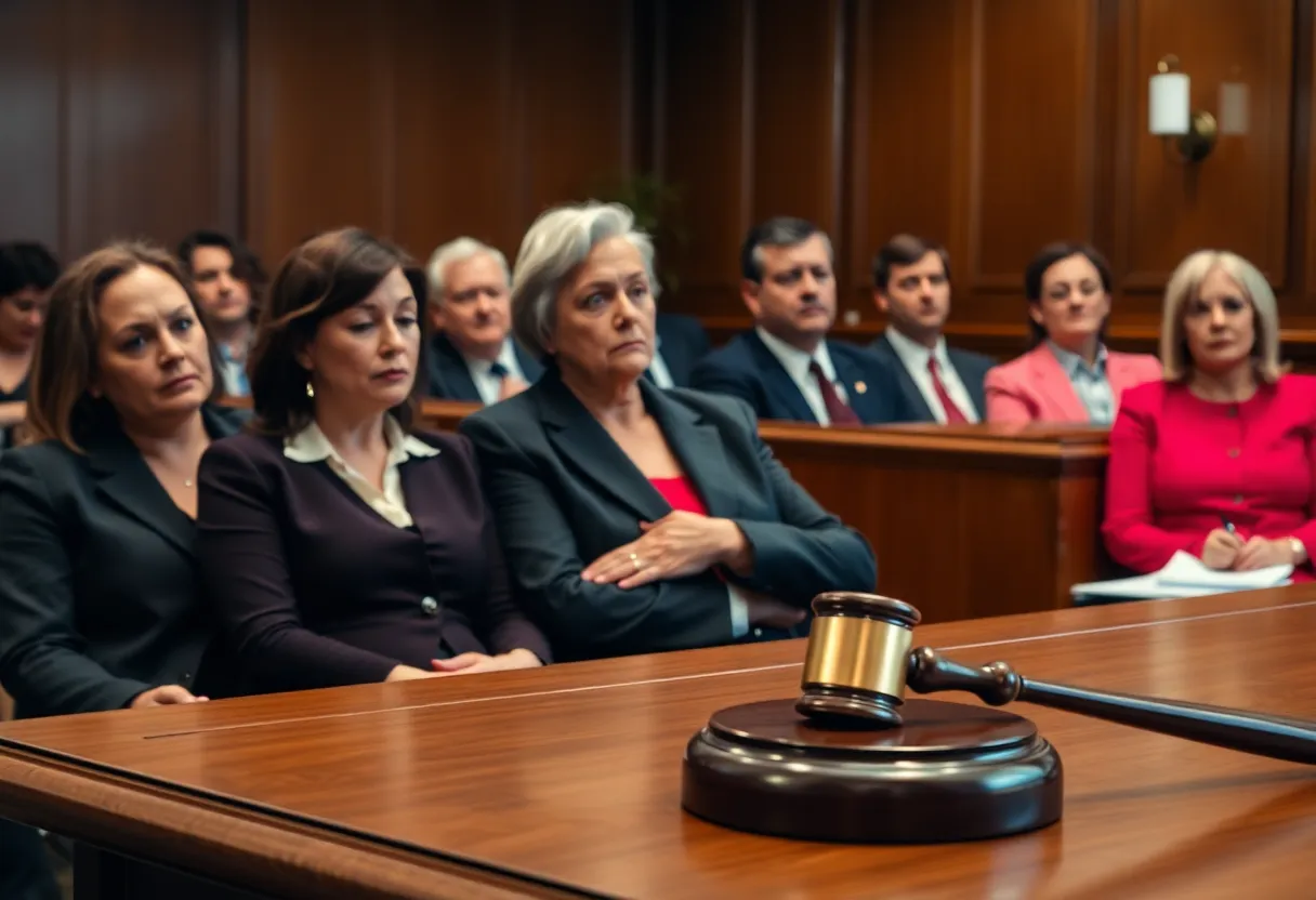 Courtroom scene depicting trial verdict.