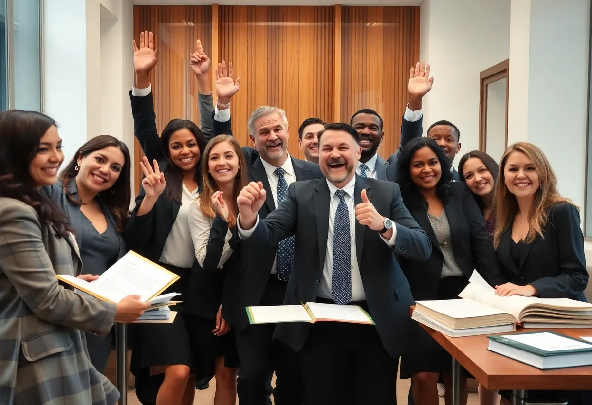 Attorneys celebrating a legal victory in a law office