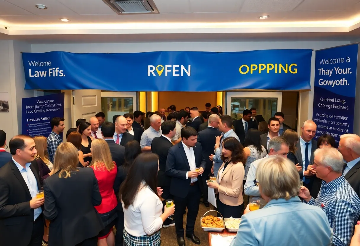 Community gathering at the grand opening of a law firm with snacks and drinks