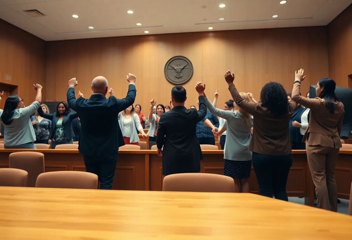 Group of diverse individuals showing support in a courtroom setting.