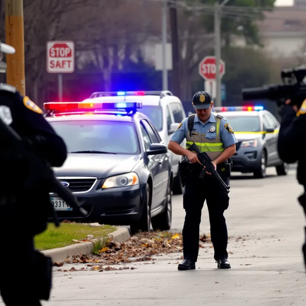 Law enforcement officers responding to a threat in a suburban area