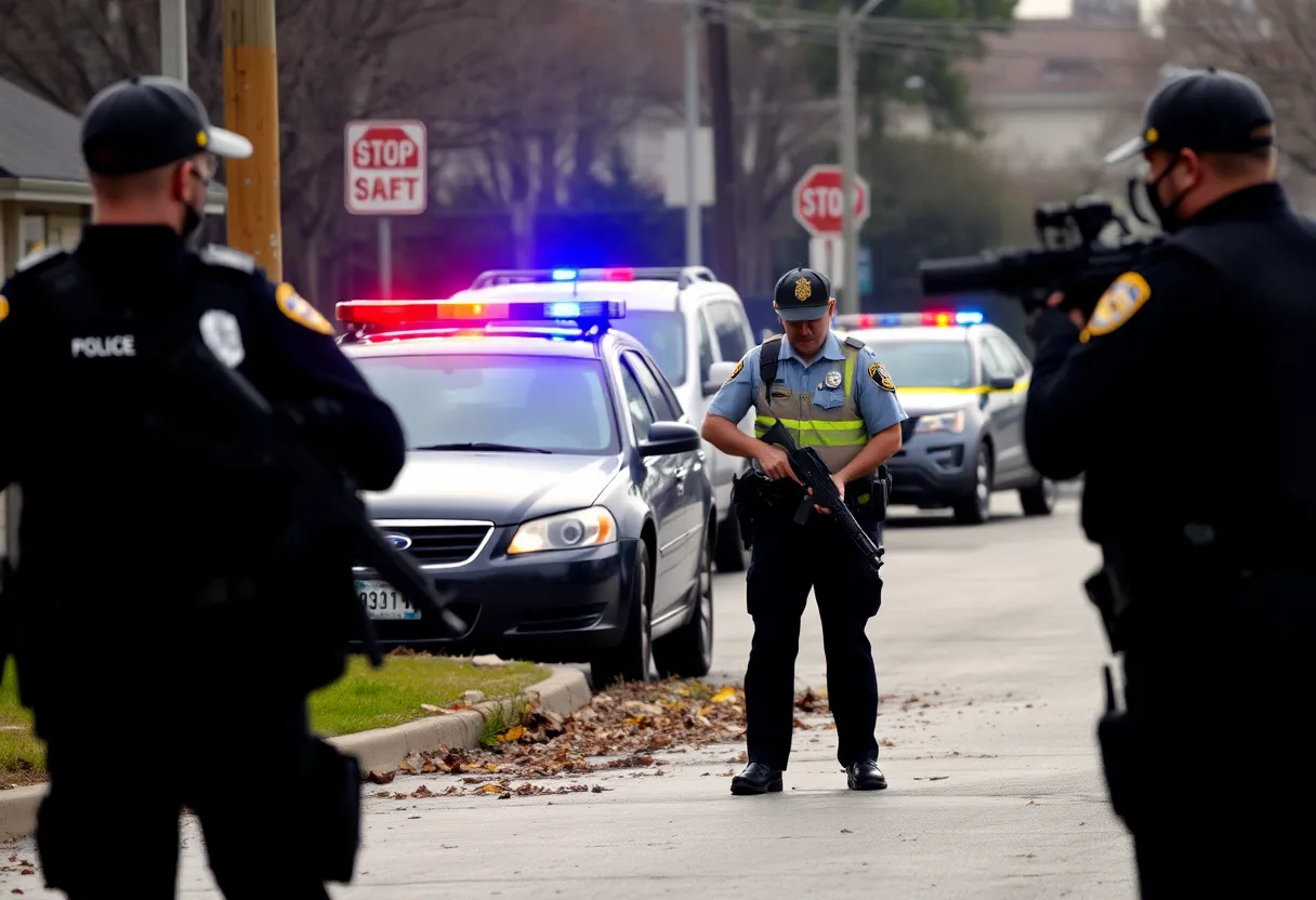 Law enforcement officers responding to a threat in a suburban area